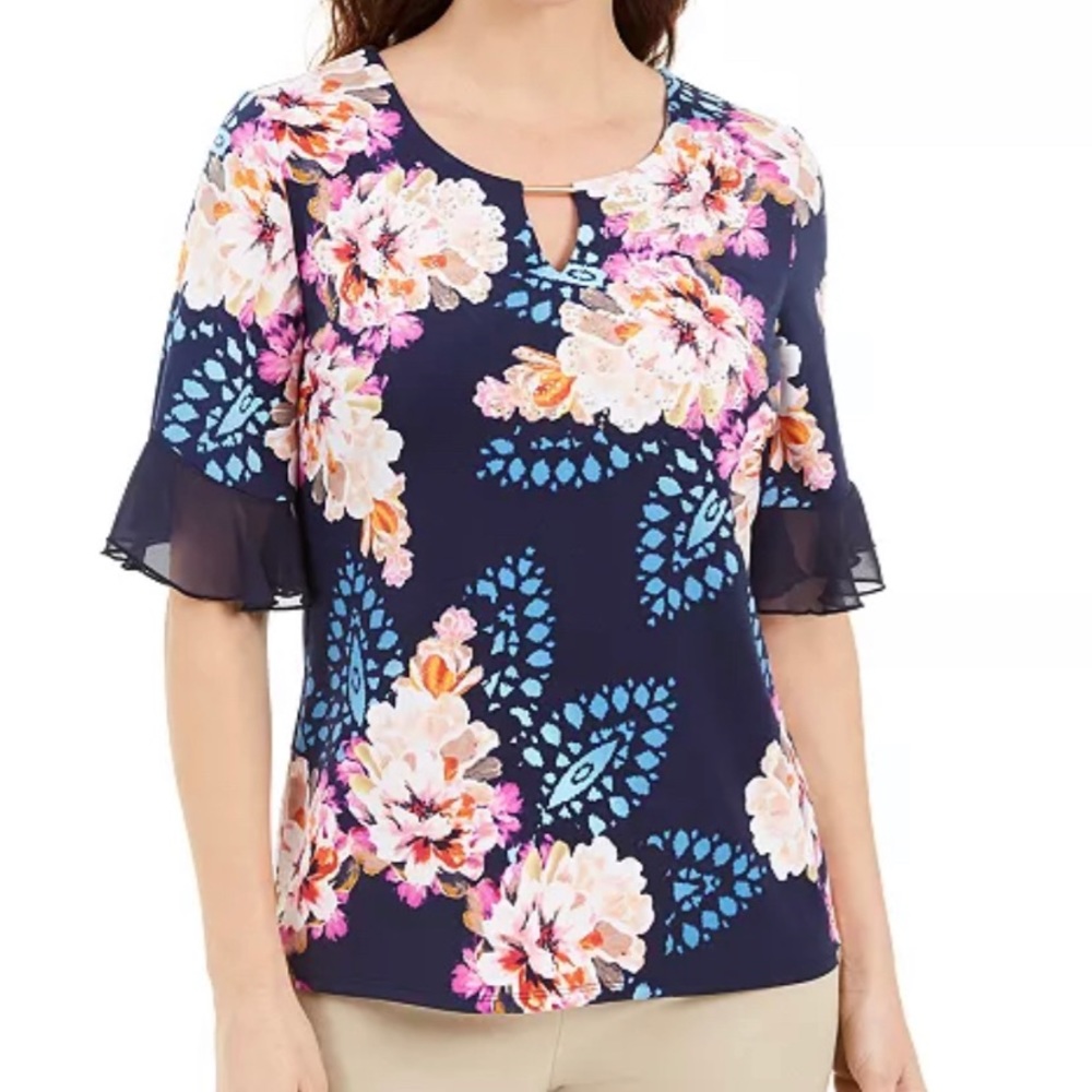 JM Collection Blue Liza Floral-Print Keyhole Top M